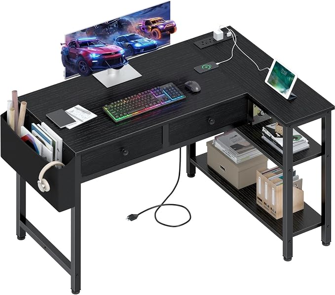 DLisiting Black Corner Desk for Small Space with Drawers, Reversible Gaming L Shaped Computer Desk with Storage Shelves for Boys, Corner Work Study PC Desks for Bedroom by Unknown