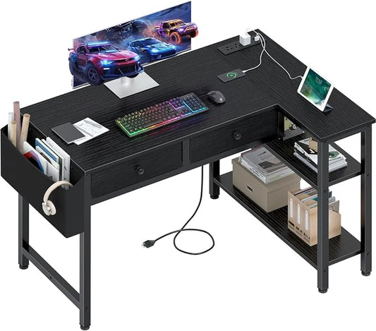 DLisiting Black Corner Desk for Small Space with Drawers, Reversible Gaming L Shaped Computer Desk with Storage Shelves for Boys, Corner Work Study PC Desks for Bedroom by Unknown