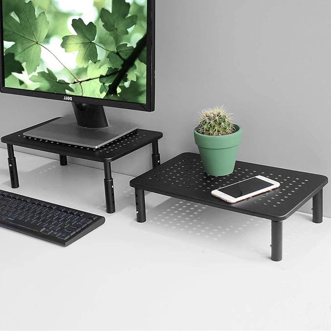 Bracwiser Monitor Stand Riser,3 Level Height Adjustable Desktop monitor stand for Computer, Laptop, Printer, Notebook with Vented Metal Platform 370X235MM 2 Packs,Black - Image 2