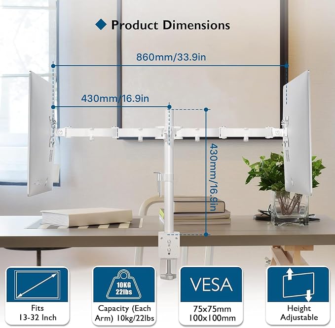 BONTEC Dual Monitor Desk Mount, 13-27 Inch, 22lbs, VESA 75x75/100x100,White | Full Motion Adjustable Stand, Heavy Duty Arms, C Clamp and Grommet Base, Cable Management for Flexible Screen Positioning - Image 3