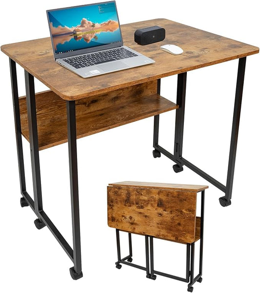 Mobile Foldable Desk w/Wheels and Feet Pads, Foldable Computer Desk, Folding Desk, Small Computer Desk for Small Spaces, Folding Table for Office Bedroom Living Room-Rustic Brown by Windpost