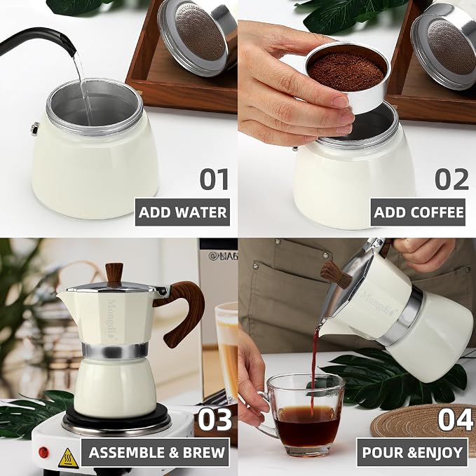 Mongdio Stovetop Espresso Maker Moka Pot, Cuban Coffee Maker Stove top coffee maker Moka Italian Espresso Greca Coffee Maker Brewer Percolator, 3 Espresso Cups, 5 oz - White - Image 6