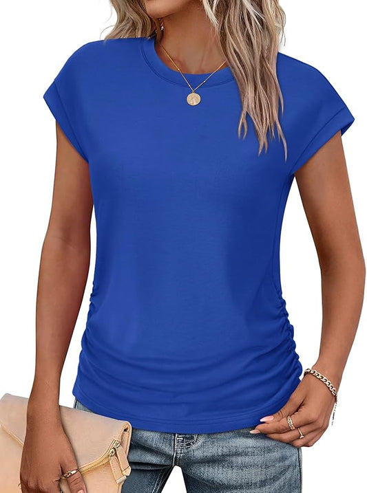 Sampeel Womens Summer Tops Trendy 2026 Ruched Cap Short Sleeve Tshirts Shirts Crew Neck T Shirts Fashion by SAMPEEL