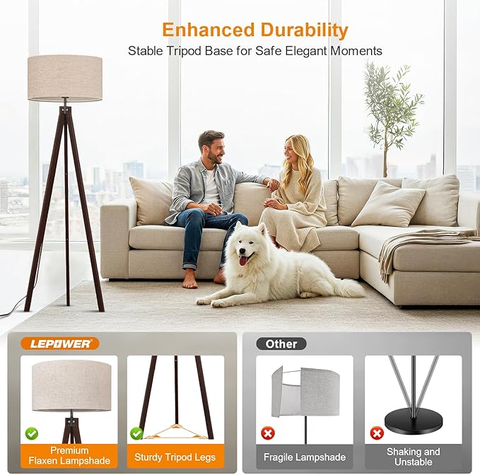 LEPOWER Tripod Floor Lamp Mid Century Modern Standing Lamps for Living Room | Light-Diffusing Linen Shade, Premium Rubberwood Tripod with E26 Base, Adding Warmth to Bedroom, Office & Study Corner Walnut - Image 3