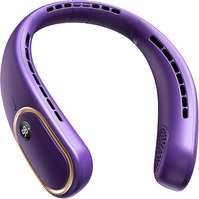 SHEWIND Portable Neck Fan - 5000mAh Rechargeable Hands-Free Wearable Fan | 4 Speeds, Bladeless & LED Display | Personal Cooling Fan for Travel, Outdoors, Camping - Purple by SHEWIND