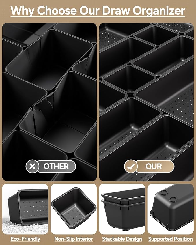 KEMETHY 25 PCS Plastic Drawer Organizers Set, 4 Sizes Vanity Organizer | Makeup and Desk Drawer Organizer Trays, Organization and Storage for Makeup, Bathroom, Kitchen Utensils and Office (Black) - Image 5
