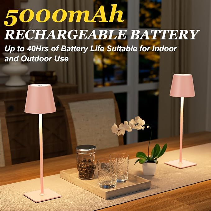Kakanuo Pink Cordless Rechargeable Table Lamp 5000mAh Battery Operated Lamps, 3 Colors Stepless Dimming Touch Lamp for Living Room, Kitchen Counter, Dining, Outdoor Patio, 2 Pack - Image 3