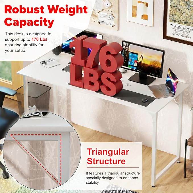 PayLessHere | 55 Inch Computer Desk | White | Office Desk with Metal Frame, Adjustable Feet | Water-Resistant, Scratchproof Surface | Sturdy Writing Table for Home Office or Study | Pack of 1 - Image 6