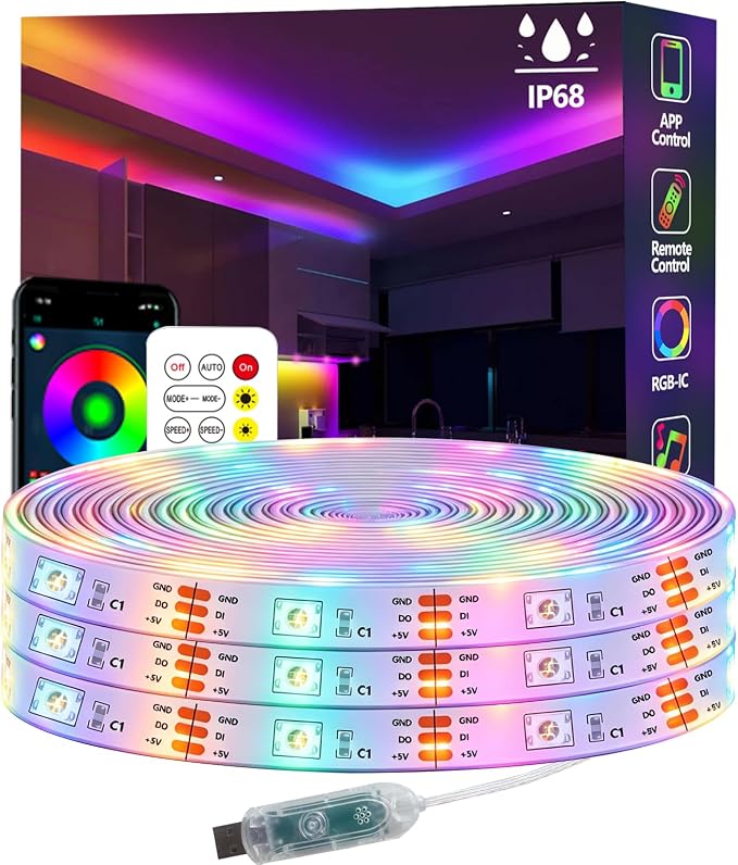 50FT Ws2812 RGB+IC LED Strip Lights IP68 Outdoor Waterproof, 5V USB Powered, Music Sync Bluetooth APP/RF Remote Control Lights for Balcony,Deck,Camping,Garden,Bedroom Decor by httpsmp