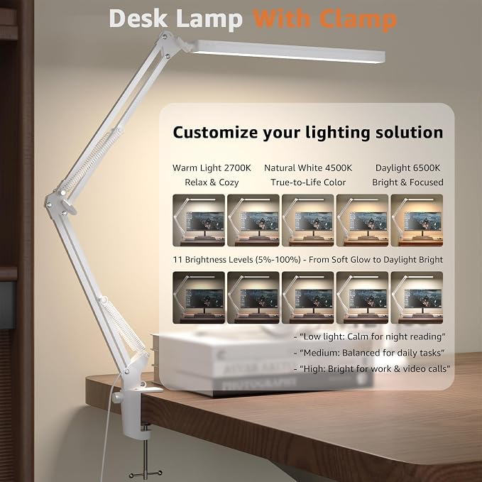 Upgrade Swing Arm LED Desk Lamp with Clamp, 80 LED Beads, 5 Color Modes & 11 Brightness Levels, 360° Adjustable Arm, Eye-Caring Light CRI95, Timer & Memory Function, for Office, Study, Crafting - Image 2