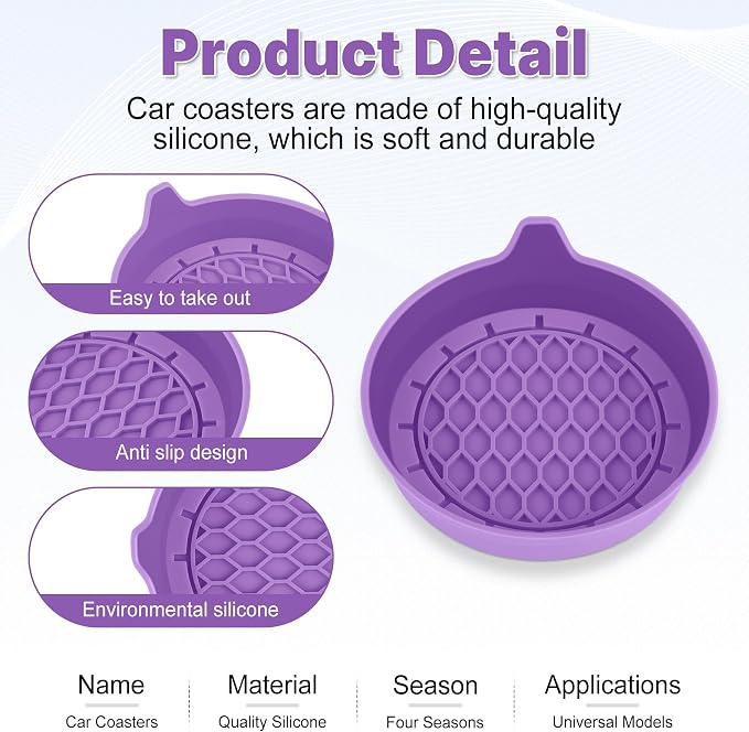 SINGARO Car Cup Holder Coaster, Silicone Cup Holder Insert, Universal Non-Slip Cup Holders, Car Accessories Interior for Women and Man 4 Pack Light Purple - Image 4