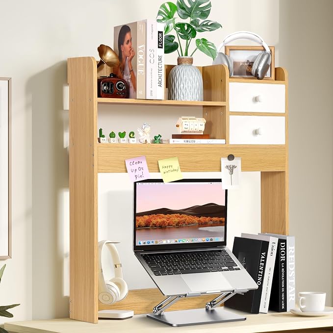 YGYQZ Wood Desk Shelf Organizer, Desk Hutch Top Only, Countertop Storage Hutch with 4 Shelves for Computer Desk，2-Tier with Cabinet Door Rack for Office, Home, Dorm，Natural - Image 2