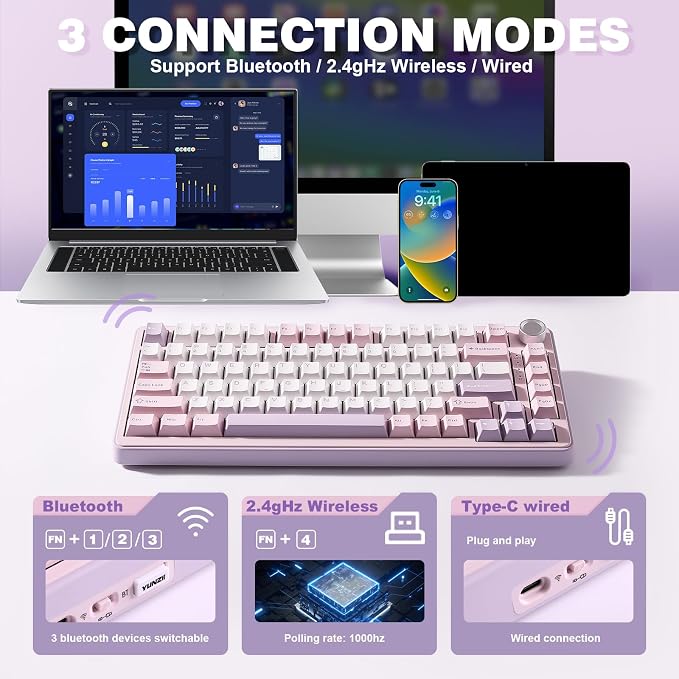 YUNZII B75 PRO 75% Wireless Mechanical Keyboard (Purple, Cocoa Cream V2) | Hot Swap Keyboard with Knob, Gasket Mount, Creamy Pre-lubed Switch for Smooth Typing, BT/USB-C/2.4G, for Gaming - Image 3