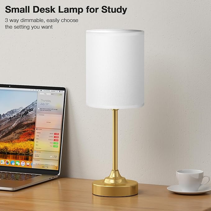 Fenmzee Gold Nightstand Bedroom Lamp - 3 Way Dimmable Bedside Lamp, Small Table Lamp Linen Lampshade for Office Desk, LED Bulb Included - Image 3