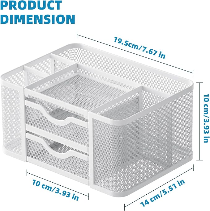 Marbrasse Mesh Desk Organizer, Pen Organizer with 2 Drawer, Multi-Functional Pencil Holder, Desk Organizers and Accessories with 5 Compartments + Drawer for Office Art Supplies (White) - Image 4