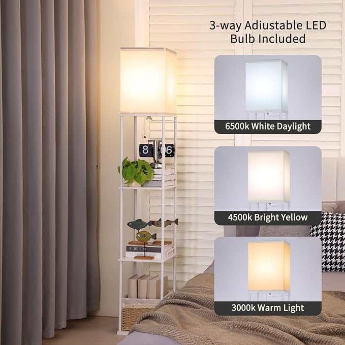 Gupuzm Floor Lamp with Shelves, Modern Square Standing Lamp with 3 Color Temperature Bulb, Corner Display Bookshelf Lamp for Living Room, Bedroom and Office（White） - Image 2