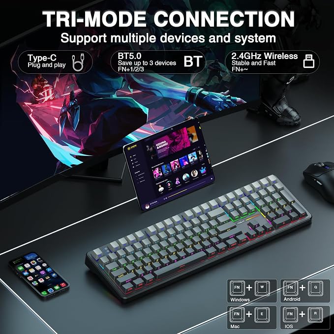 AULA F108 Wireless Mechanical Keyboard, Full Size Gaming Keyboard with Number Pad, Side Printed PBT Keycaps, Pre-lubed Switches, RGB Backlit, Hot Swappable Creamy Sounding Computer Keyboards, 108 keys - Image 3
