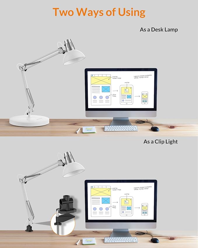 LEPOWER Metal Adjustable Desk Lamp with Clamp, Swing Arm for Home Office | Gooseneck, Architect Style, Eye-Caring Table Lamp, On/Off Switch, E26 Base, Reading for Dorm, Bedroom, Study, Back to School - Image 4