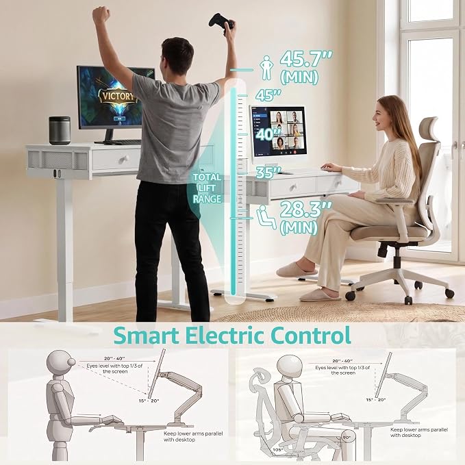 KLUVIS White Electric Standing Desk with Drawers, 39 Inch Small Adjustable Desk with Storage, Sit Stand Computer Study Writing Desks for Small Space Home Office, Stand Up Work Desks for Walking Pad - Image 5