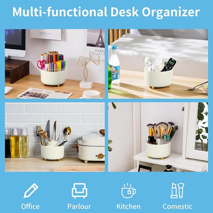 Marbrasse Desk Organizer, 360-Degree Rotating Pen Holder, 5-Compartment Pencil Organizer, Art Supply Storage Box Caddy for Office and Home (Ivory) - Image 2