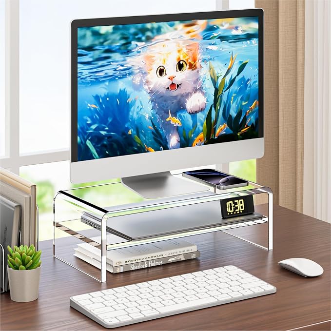 Egchi Clear Acrylic Monitor Stand Riser 2 Tier, 5.12 Inches High Clear Computer Desk Organizer Shelf for Multi Media PC Storage Laptop - Image 6