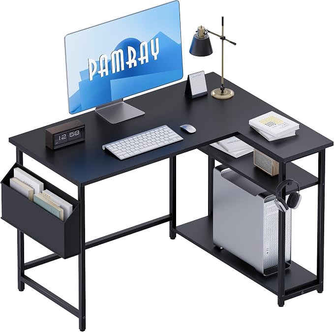 Pamray 40 Inch L Shaped Computer Desk with Reversible Side Storage Shelves, Small Corner Desk for Small Space Home Office, Writing Study Table PC Desk for Bedroom, Black by PAMRAY