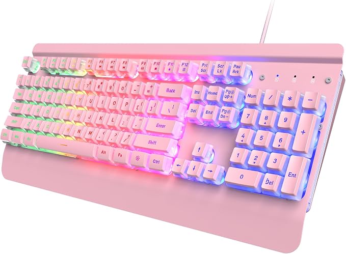 Pink Creamy Keyboard, 104 Keys All-Metal Panel, Rainbow LED Backlit Silent Gaming Keyboard, Wrist Rest, PBT Keycap, Anti-ghosting Keys, Light Up USB Wired Computer Keyboard for PC | Pink Creamy Keyboard Rainbow LED Backlit, Wrist Rest, PBT keycaps, Ant... by Dacoity