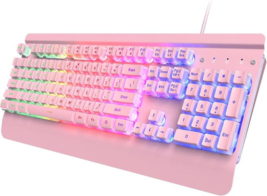 Pink Creamy Keyboard, 104 Keys All-Metal Panel, Rainbow LED Backlit Silent Gaming Keyboard, Wrist Rest, PBT Keycap, Anti-ghosting Keys, Light Up USB Wired Computer Keyboard for PC | Pink Creamy Keyboard Rainbow LED Backlit, Wrist Rest, PBT keycaps, Ant... by Dacoity