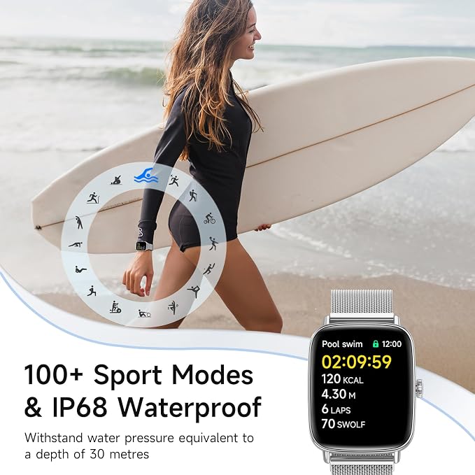 Smart Watch for Men Women, 1.85" HD Smartwatch Compatible iPhone/Samsung/Android (Answer/Make Calls), 100+ Sport Modes Fitness Tracker with Heart Rate/Sleep/SpO2 Monitor, IP68 Waterproof, Metal Band - Image 4