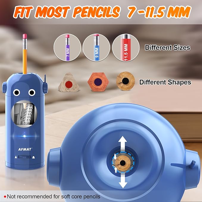 AFMAT Electric Pencil Sharpener for Colored Pencils 7-11.5mm, Fully Automatic Robot Pencil Sharpener, Auto in & Out, Rechargeable Hands-Free for Classroom/Home/Office, Battery Operated, PSX5RB, Blue - Image 3