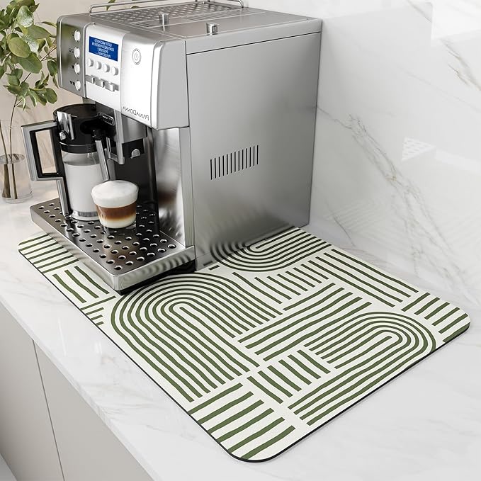 AMOAMI Coffee Mat Hide Stain Rubber Backed Absorbent Dish Drying Mat for Kitchen Counter - Fits Under Coffee Maker & Dish Rack - Green Line 12x19 by AMOAMI