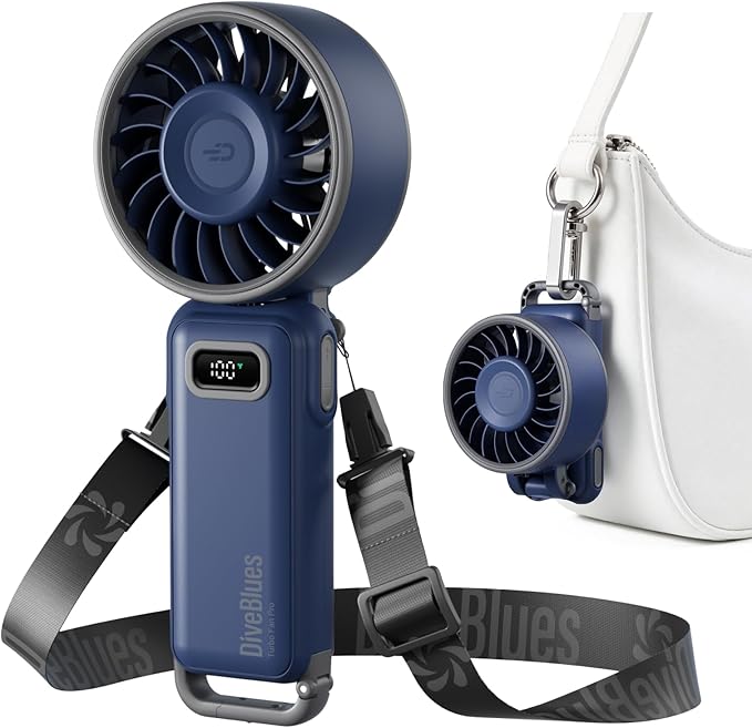 Diveblues Fanzy D6036 Portable Handheld Fan, Harbor Blue | 7.4m/s High Speed Turbo, 180° Foldable 4-in-1, Integrated Carabiner Clip, 100 Speed Stepless Control by Diveblues