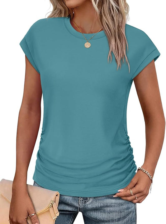 Sampeel Womens Summer Tops Trendy 2026 Ruched Cap Short Sleeve Tshirts Shirts Crew Neck T Shirts Fashion by SAMPEEL