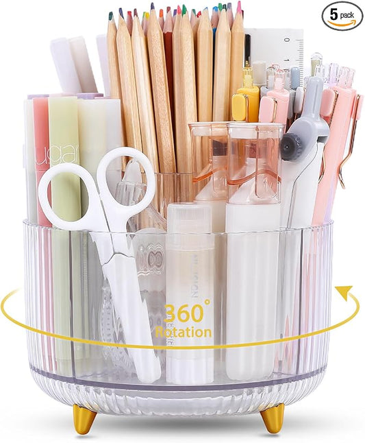 SKYDUE Rotating Pencil Pen Holder, Pen Organizer with 5 Slots - Aesthetic Desk Organizer and Accessories for School, Home, Office Supplies by SKYDUE