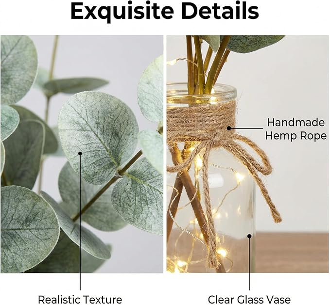 Bessol Artificial Eucalyptus Stems in Glass Vase with Faux Water, 13.5" Fake Plants for Home Decor, Coffee Table Centerpieces, Office, Bathroom & Farmhouse Weddings - Faux Greenery Plants Decorations - Image 2