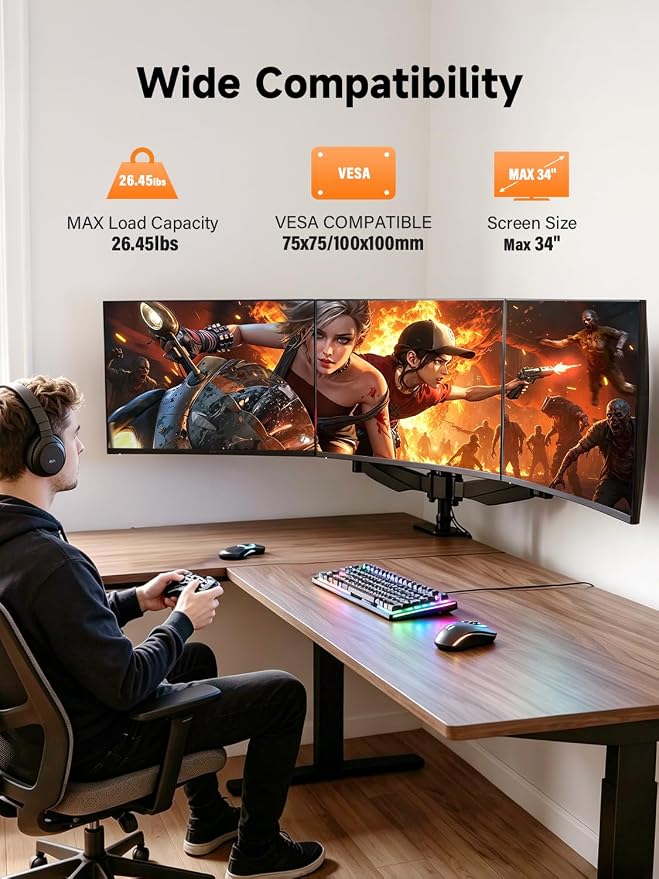 Bracwiser Triple Monitor Mount for 17 to 34 inch Screens, Holds up to 26.45lb, Adjustable Triple Monitors Stand for Desk with Tilt, Swivel, Rotation, Clamp & Grommet Kit, VESA 75/100mm, Black, MDX003P - Image 2