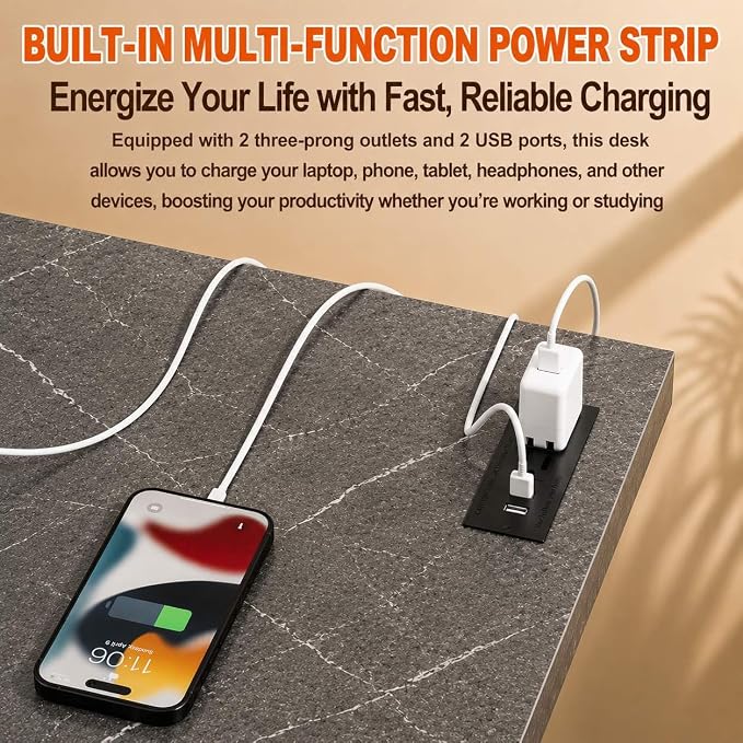 Folding Table Computer Desk - 55.1" No Assembly Folding Desk with Power Outlets & USB Charging Port, Small Desk, Foldable Office Desk, Compact Storage Portable Use for Small Space, Marble Greige - Image 6