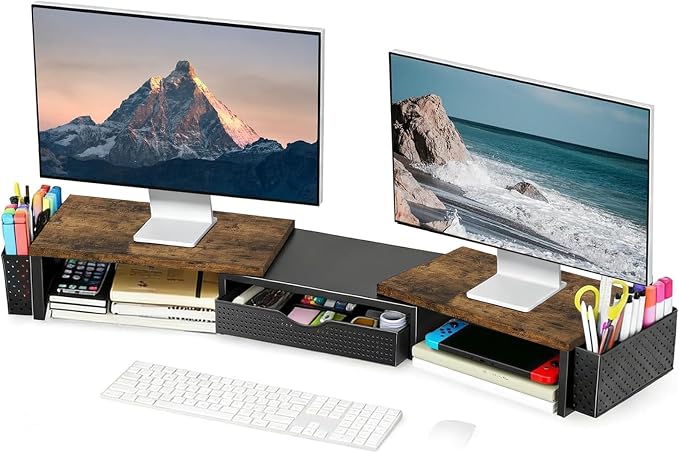Spacrea Metal Desk Organizers and Accessories, Dual Monitor Stand Riser with Drawer and 2 Pen Holders, Desk Accessories & Workspace Desktop Organizers for Office Supplies (Wood) by Spacrea