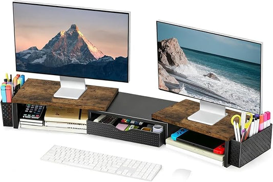 Spacrea Metal Desk Organizers and Accessories, Dual Monitor Stand Riser with Drawer and 2 Pen Holders, Desk Accessories & Workspace Desktop Organizers for Office Supplies (Wood) by Spacrea