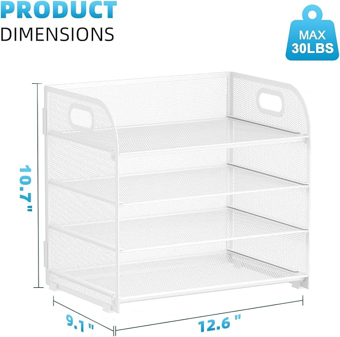 Marbrasse 2 Pack 4 Tier Paper Organizer Letter Tray - Mesh Desk File Organizer with Handle, Paper Sorter Organizer for Letter/A4 Office File Folder Holder (White, 12.6" x 9.1" x 10.7") - Image 3