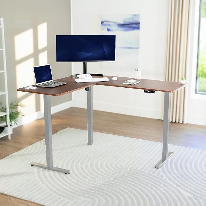 VIVO Dark Walnut 63 x 55 in Corner Standing Desk, DESK-E3CTGD | Electric, Reversible L-Shaped Table, Sit Stand, Height Adjustable, Memory Controller, Office Furniture Sets, Gray Frame - Image 2