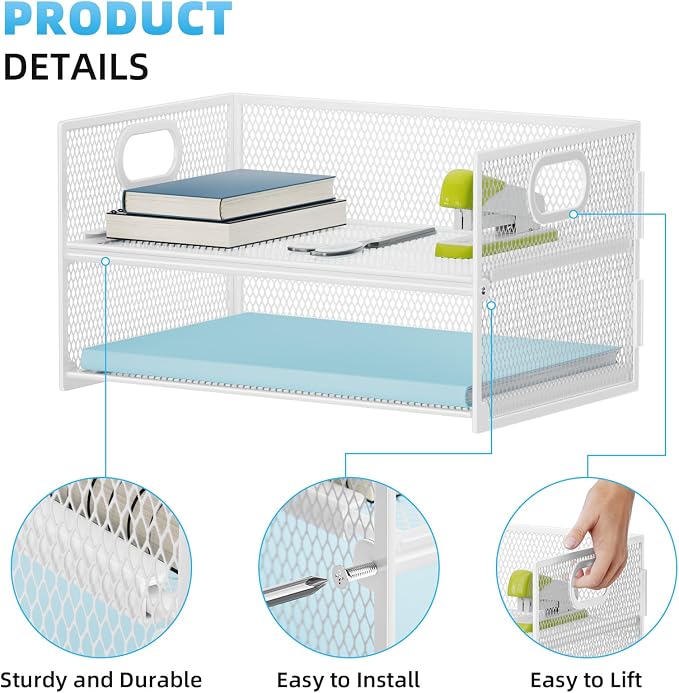 Marbrasse 2 Tier Paper Organizer Letter Tray, Mesh File Organizer with Handle, Paper Sorter Desk Organizer for Home Office Supplies - White - Image 2