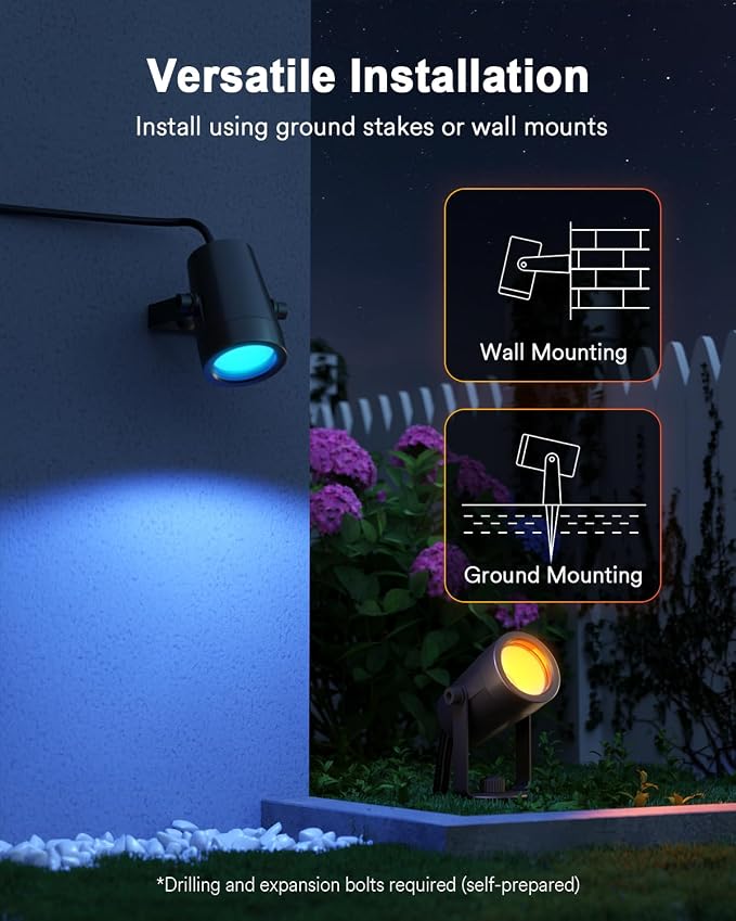 Lumary Smart Landscape Lights Gen2, 56FT Outdoor Spotlights, 6 Pack | RGBAIWW Color Changing, Warm White, IP65 Outdoor Rated, APP/Alexa/Google/Remote, 56FT Cable for Yard & Pathway - Image 8