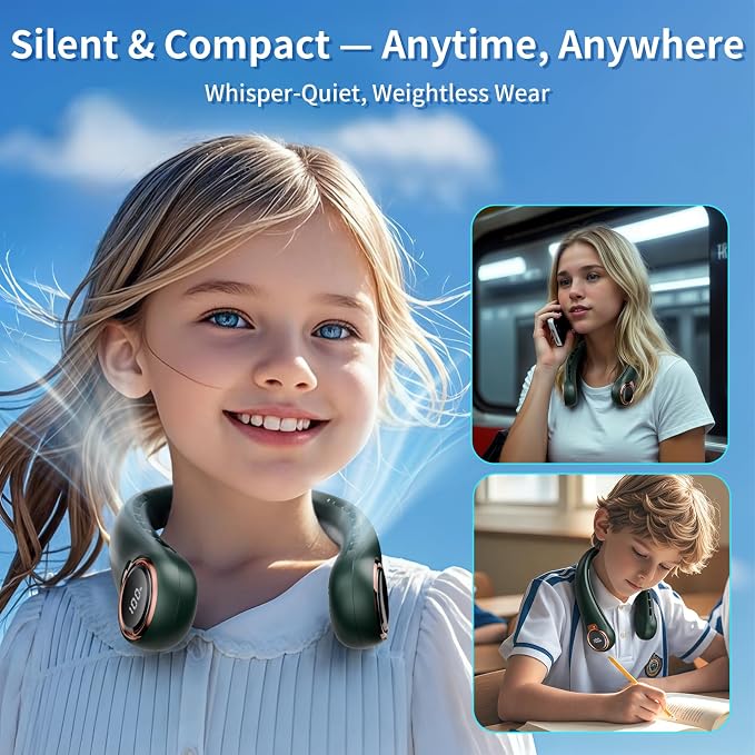 BNBZ Portable Neck Fan, 6000mAh Rechargeable Fan Blows Cold Air with LED Display, 4 Speeds, 20H Runtime, Quiet Wearable 360° Personal Cooling Fan for Outdoor Travel Work Gym,Fireplace Fans-Green - Image 5