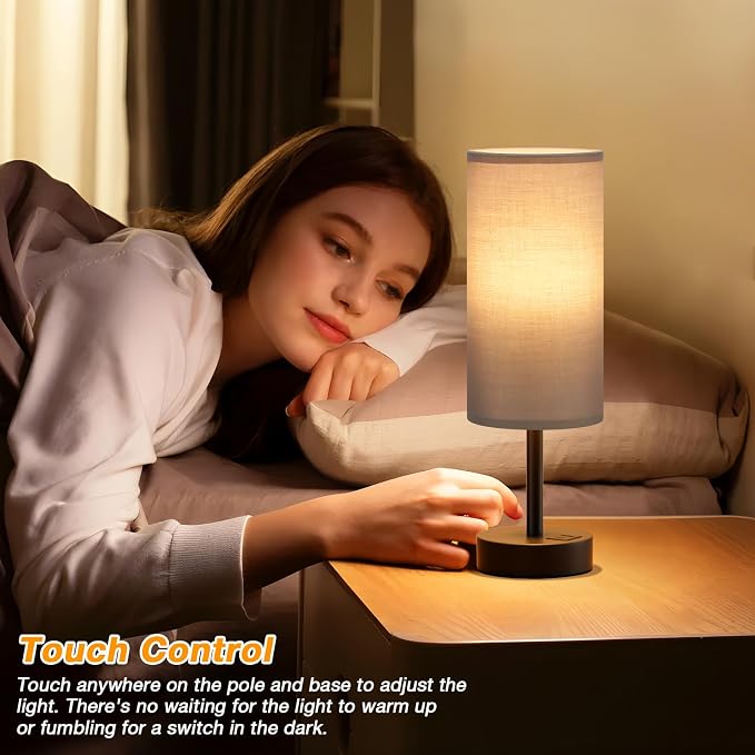 Dicoool Bedside Table Lamp for Bedroom - 3-Way Dimmable Touch Lamp, USB A+C | LED Bulb Included, 14" Small Nightstand Lamp for Desk, Living Room, Guest Room, Grey Fabric Lampshade, Black Metal Base - Image 2
