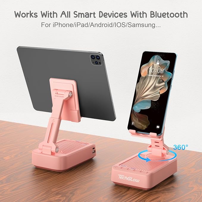 TechGlow Gifts for Men Women Foldable Cellphone Stand with Bluetooth Speaker and Charging Function 360° Rotatable Phone Stand Birthday Gift Idea for Mom Dad Cool Tech Gifts-Pink - Image 5