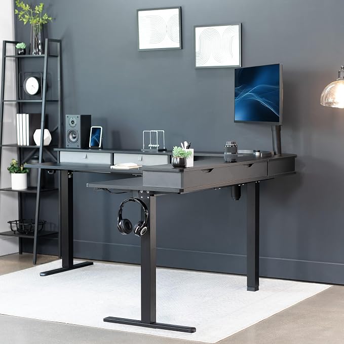 VIVO Black 75 x 63 in Corner Standing Desk, DESK-E3CVB-75 | Electric, 2-Tier, L-Shaped, Sit Stand, Height Adjustable, Memory, Black Top, Black Frame, Light Gray Drawers - Image 7