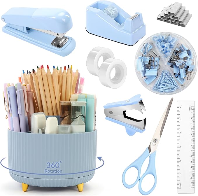 SKYDUE Desk Organizers and Accessories 10Pcs, 360-Degree Rotating Pen Holder, Stapler, Staple Remover, Tape Dispenser,2pcs Tape Refills, Binder Paper Clips Kit, Scissor (Blue) by SKYDUE