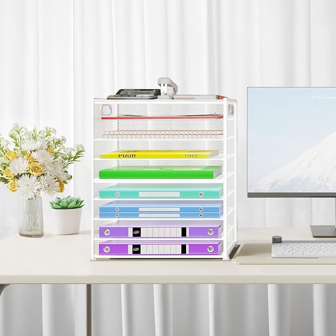 Cawukege 9 Tier Paper Organizer with Handle, Large Capacity Desk Organizer Mesh Paper Letter Tray File Folder Document Sorter for Classroom and Office Accessories Organization- White (2 Pack) - Image 6