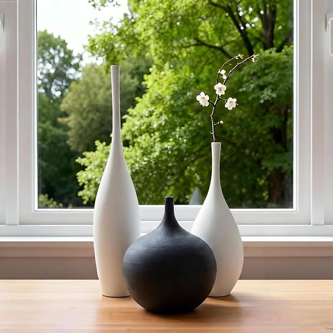Relexome White Ceramic Vase Modern Wabi-Sabi Black Flower Vase Set of 3 Decorative Aesthetic Vases for Centerpieces Pampas Matte Minimalist Vases for Living Room Table Shelf Home Decor Gift - Image 3